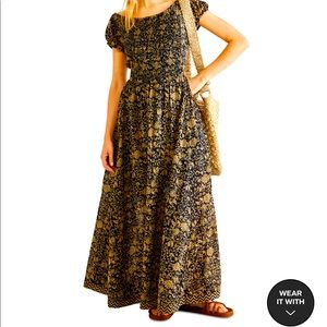 Cap sleeve small floral print maxi dress in dark brown and black with open back